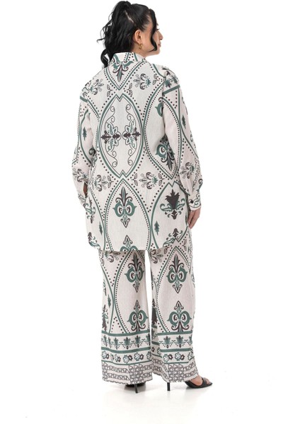 Büyük Beden Baskılı Gömlek Pantolon Zümrüt Yeşili Ikili Takım modelleri