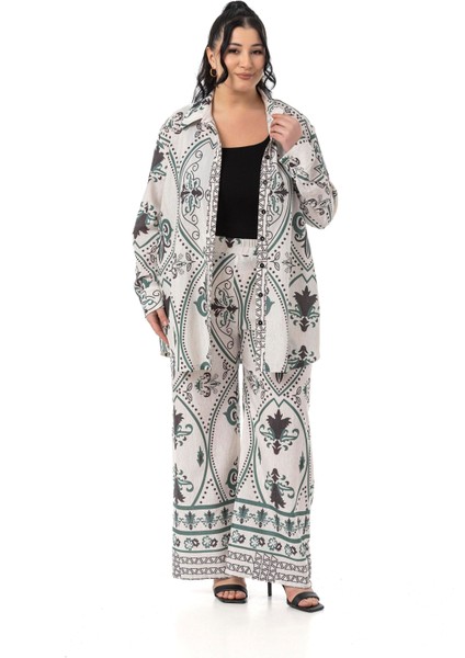 Büyük Beden Baskılı Gömlek Pantolon Zümrüt Yeşili Ikili Takım indirimleri