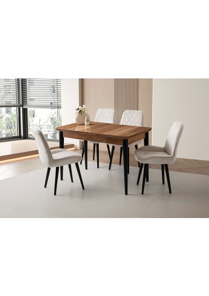Kelebek Ahşap Salon Yemek Masa Sandalye Takımı 4 Fulya Sandalyeli Ceviz Ortadan Açılır Büyüyen 90 x 160 cm