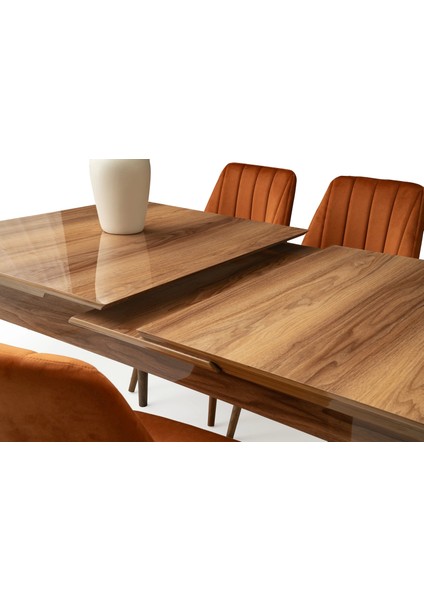 Kelebek Ahşap Salon Yemek Masa Sandalye Takımı 4 Fulya Sandalyeli Ceviz Ortadan Açılır Büyüyen 90 x 160 cm