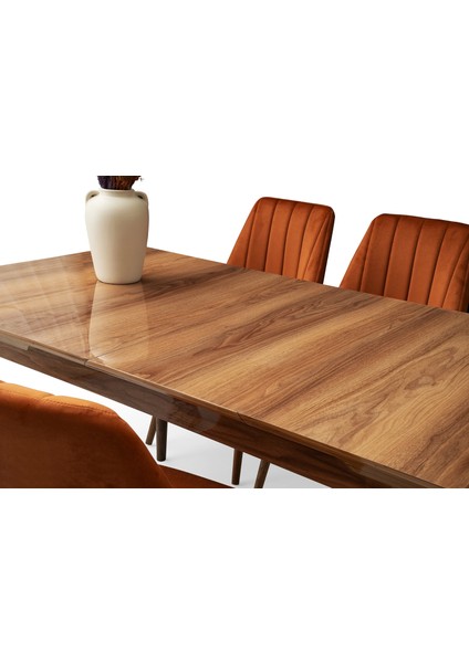 Kelebek Ahşap Salon Yemek Masa Sandalye Takımı 4 Fulya Sandalyeli Ceviz Ortadan Açılır Büyüyen 90 x 160 cm