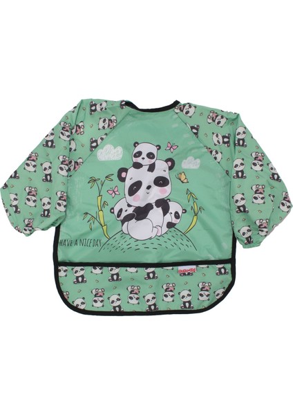 Unisex Beyaz Gri Panda Desenli Uzun Kollu Boya ve Mama Önlüğü