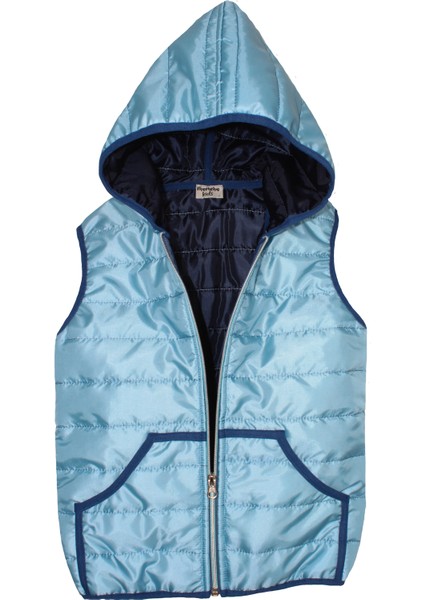 Çocuk Mavi Lacivert Kapüşonlu Fermuarlı Şişme Yelek