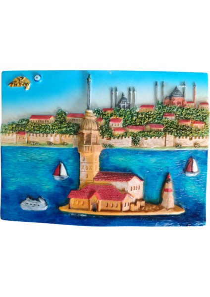 Vintage Kız Kulesi ve Istanbul Görselli 3 Boyutlu El Boyaması Dekoratif Duvar Süsü