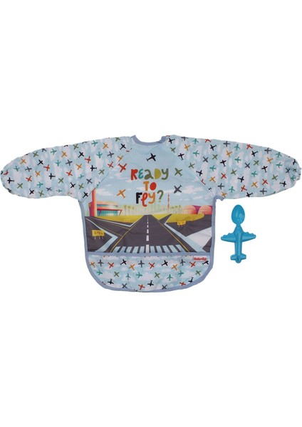 Unisex Mavi Renkli Uçaklı Desenli Uçak Kaşıklı Oyun Hediyeli Boya ve Mama Önlüğü