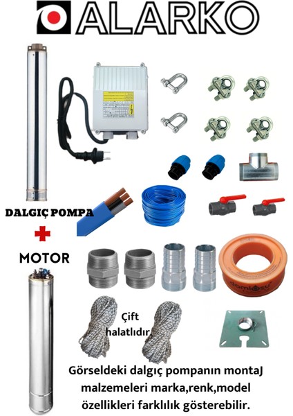 4SDM12/8 2 Hp Alarko 20 mt Yassı Kablolu ve Panolu 40 mt Halatlı Çift Vanalı Akıtma Başlıklı Monofaze Takım Dalgıç Pompa