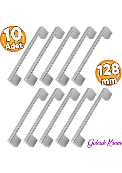 (10 ADET) Gölcük Düz Krom (128 Mm-12.8 cm) Metal Mobilya Mutfak Çekmece Dolap Dolabı Kapak Kulpu Kulbu Kulpları
