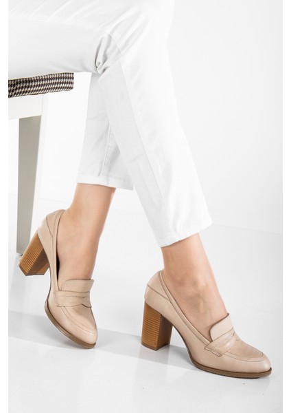 Kadın Deri Saraçlı Klasik Topuklu Ayakkabı - Bej