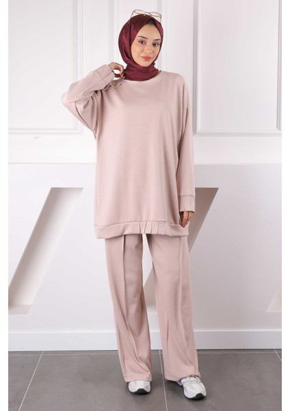 Bej Omzu Düğmeli Tunik Pantolonlu Modal Takım