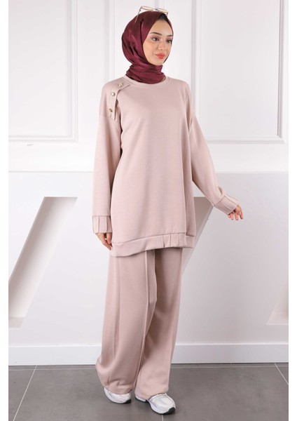 Bej Omzu Düğmeli Tunik Pantolonlu Modal Takım fiyatları