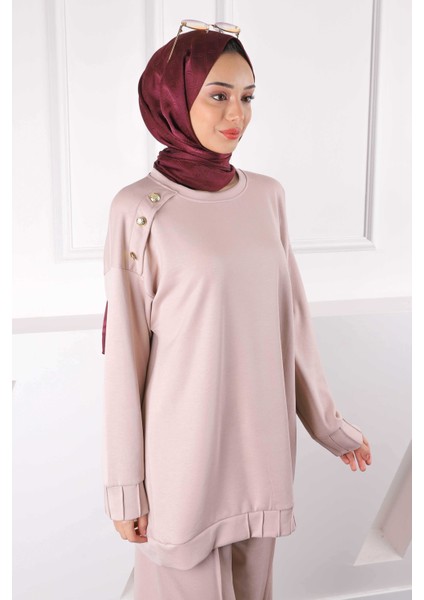Bej Omzu Düğmeli Tunik Pantolonlu Modal Takım modelleri