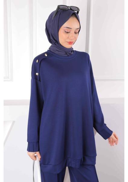 Lacivert Omzu Düğmeli Tunik Pantolonlu Modal Takım modelleri