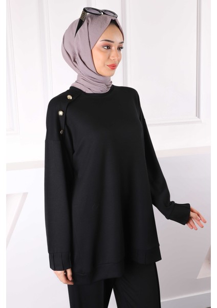 Siyah Omzu Düğmeli Tunik Pantolonlu Modal Takım modelleri
