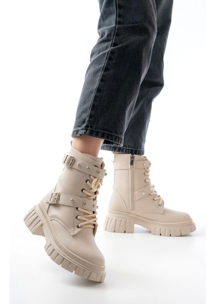 842-03 Bej Bağcıklı Kalın Tabanlı Bağcıklı Fermuarlı Günlük Kadın Bot modelleri