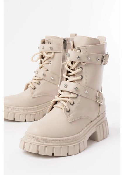 842-03 Bej Bağcıklı Kalın Tabanlı Bağcıklı Fermuarlı Günlük Kadın Bot fırsatları