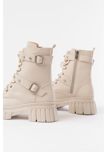 842-03 Bej Bağcıklı Kalın Tabanlı Bağcıklı Fermuarlı Günlük Kadın Bot indirimleri