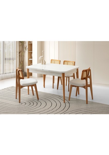 Ortadan Açılır Büyüyen 60 x 100 cm Beyaz Ahşap Salon Yemek Masa Naturel Sandalye Takımı 4 Sandalyeli