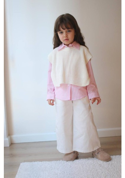 Kız Çocuk Gabardin Pantolon - Çizgili Gömlek Triko Yelek 3 Parça Alt Üst Takım fiyatları