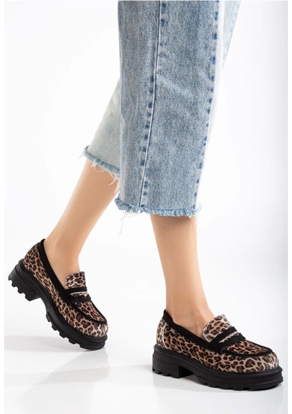 746-759 Leopar Günlük Yüksek Tabanlı Loafer Ayakkabı