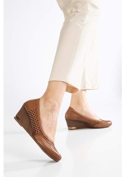 Kadın Deri Lazerli Dolgu Topuklu Ayakkabı - Taba fiyatları