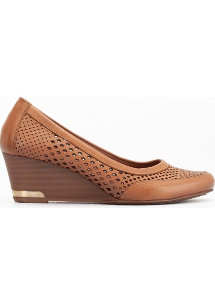 Kadın Deri Lazerli Dolgu Topuklu Ayakkabı - Taba modelleri