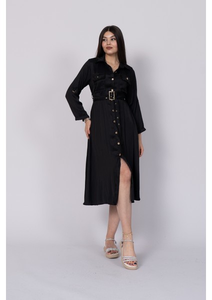 Uzun Kollu ve Kolları Katlana Bilen Boydan Düğmeli Beli Lastikli Saten Elbise 50306