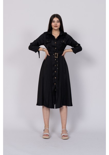 Uzun Kollu ve Kolları Katlana Bilen Boydan Düğmeli Beli Lastikli Saten Elbise 50306 modelleri