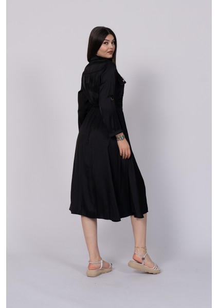 Uzun Kollu ve Kolları Katlana Bilen Boydan Düğmeli Beli Lastikli Saten Elbise 50306 indirimleri