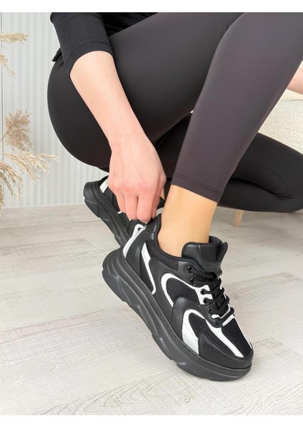 Melina Siyah Siyah Garantili Günlük Rahat Tarz ve Tabanı Dikişli Bağcıklı Sneaker Spor Ayakkabı MELINA-1779 fiyatları