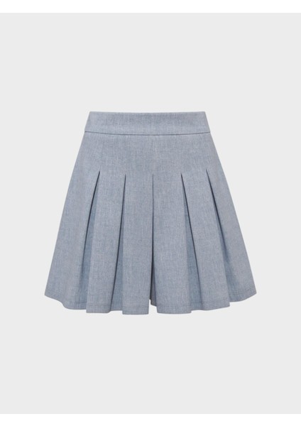 Pileli Şort Etek - Mavi