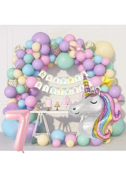 Kız Çocuklar Için 7 Yaş Unicorn Lüks Doğum Günü Parti Seti Süsü