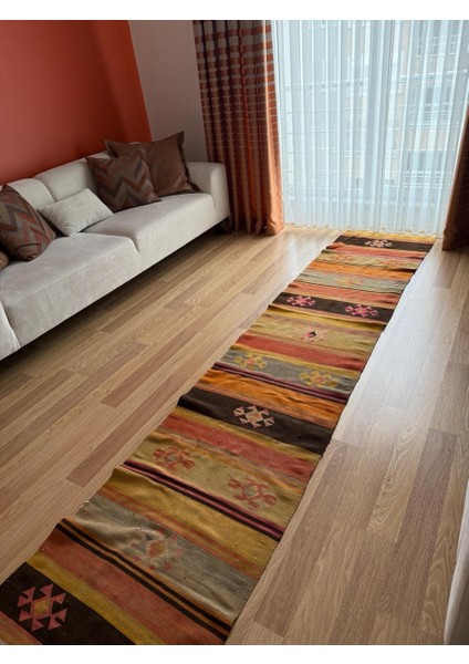 69 x 325 cm El Dokuma Türk Kilimi, Akrep Motifli Çizgili Desen, Vintage Anadolu Yün Kilim, Koridor Halısı