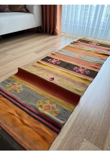 69 x 325 cm El Dokuma Türk Kilimi, Akrep Motifli Çizgili Desen, Vintage Anadolu Yün Kilim, Koridor Halısı