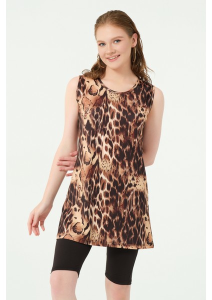 Leopar Desenli Sıfır Kol Yarı Kapalı Mayo