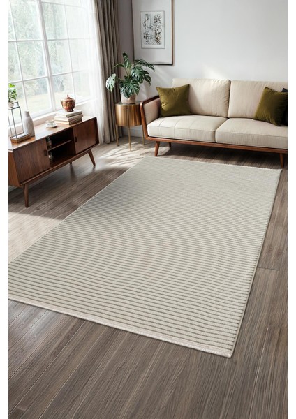 Hena HN005A Krem Şönil Kilim Ince Yumuşak Toz Yapmaz Kaymaz Taban Makinada Yıkanabilir Modern Halı