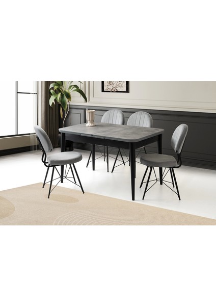 Ortadan Açılır Büyüyen 60 x 100 cm Gümüş Gri Ahşap Salon Yemek Masa Gri Sandalye Takımı 4 Sandalyeli