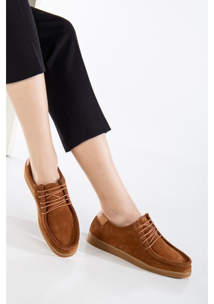 Kadın Deri Casual Bağcıklı Ayakkabı - Taba Süet