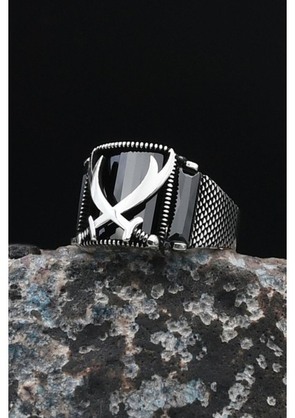 Zülfikar Hz. Ali'nin Kılıcı 925 Ayar Gümüş Erkek Yüzüğü Siyah Zirkon Taşlı 901528