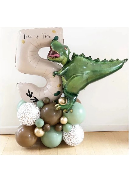 Büyük T-Rex Dinozor Balonlu Krem Yaş Folyo Balonlu Doğum Günü Parti Seti Süsü
