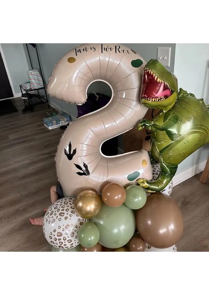Büyük T-Rex Dinozor Balonlu Krem Yaş Folyo Balonlu Doğum Günü Parti Seti Süsü