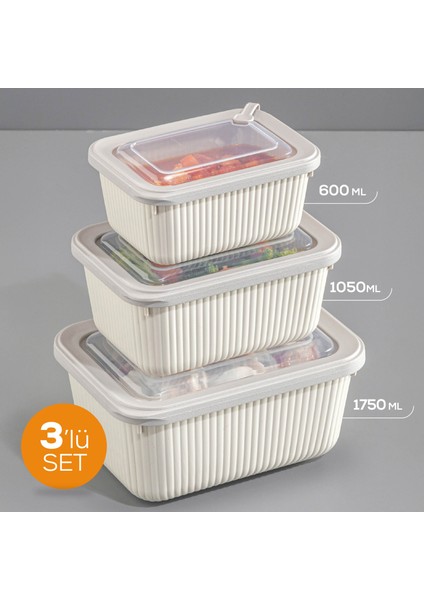 3'lü Vip Dikdörtgen Mikrodalga ve Difrize Uygun Saklama Kabı Seti Bej 1X(1750,1050,600 Ml)