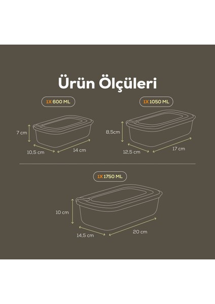 3'lü Vip Dikdörtgen Mikrodalga ve Difrize Uygun Saklama Kabı Seti Bej 1X(1750,1050,600 Ml)