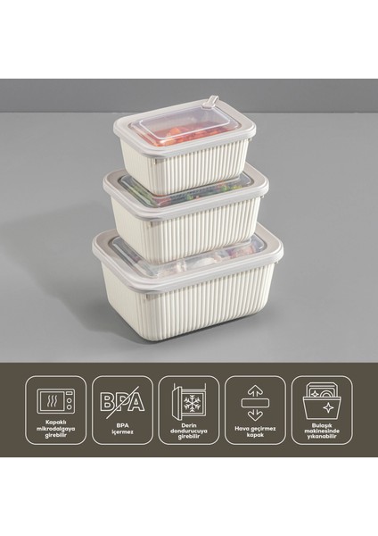 3'lü Vip Dikdörtgen Mikrodalga ve Difrize Uygun Saklama Kabı Seti Bej 1X(1750,1050,600 Ml)