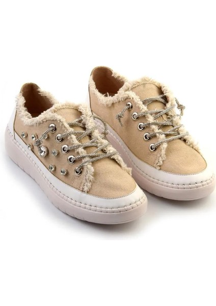 Valentina Bej Denim Kristal Taşlı Gümüş Bağcıklı Sneaker