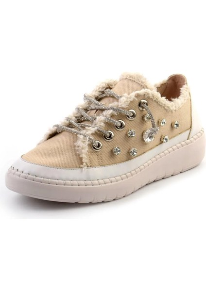 Valentina Bej Denim Kristal Taşlı Gümüş Bağcıklı Sneaker