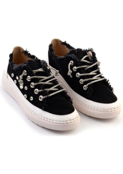 Valentina Siyah Denim Kristal Taşlı Gümüş Bağcıklı Sneaker