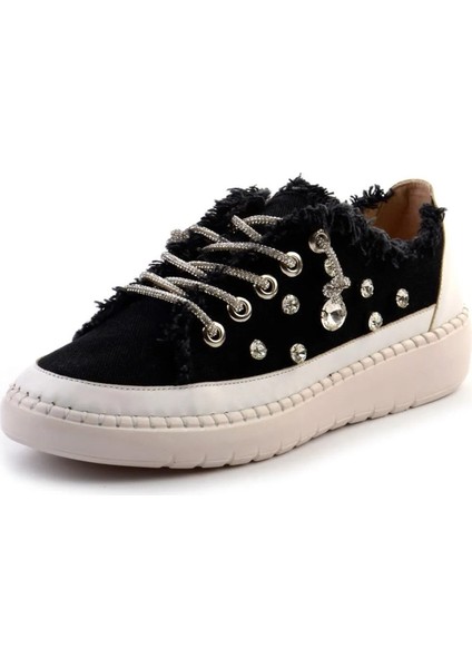 Valentina Siyah Denim Kristal Taşlı Gümüş Bağcıklı Sneaker