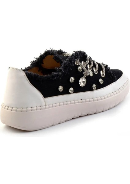 Valentina Siyah Denim Kristal Taşlı Gümüş Bağcıklı Sneaker