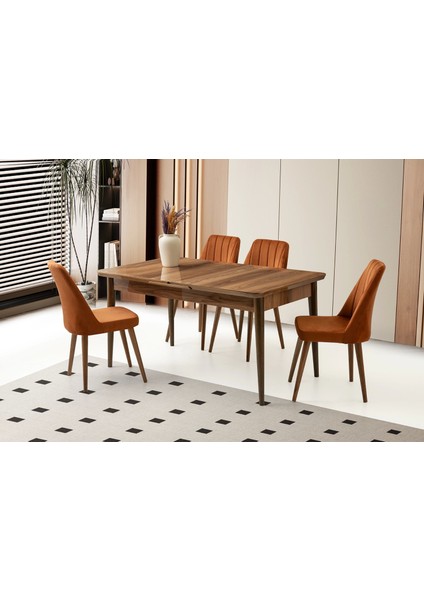 Kelebek Hazar Ahşap Salon Yemek Masa Sandalye Takımı 4 Sandalyeli Ortadan Açılır Büyüyen 60 x 100 cm Ceviz