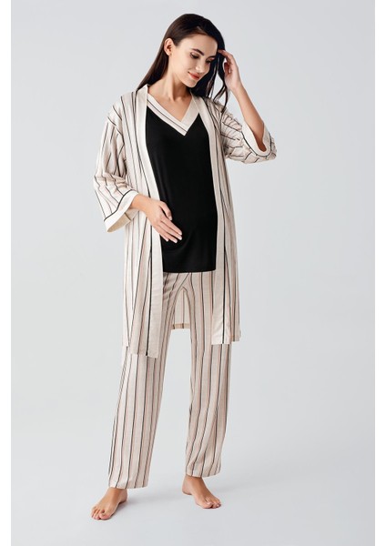Kısa Kollu Çizgili Esnek Viskoz Hamile Sabahlık Pijama Takım 17302